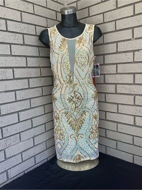 Haute Monde Ivory Midi Dress with Gold Sequin Embellishment